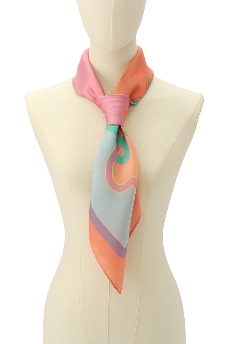 Script Print Square Silk Scarf, Alternate, color, CORAL GLOW