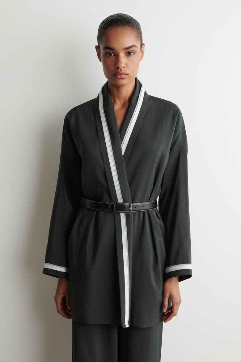 Contrast-piped Robe-style Blouse, Main, color, KHAKI / WHITE