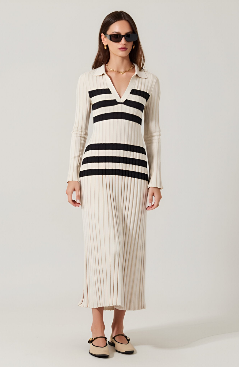 Modenaire Striped Ribbed Knit Midi Dress with Collar and Long Sleeves, Main, color, 