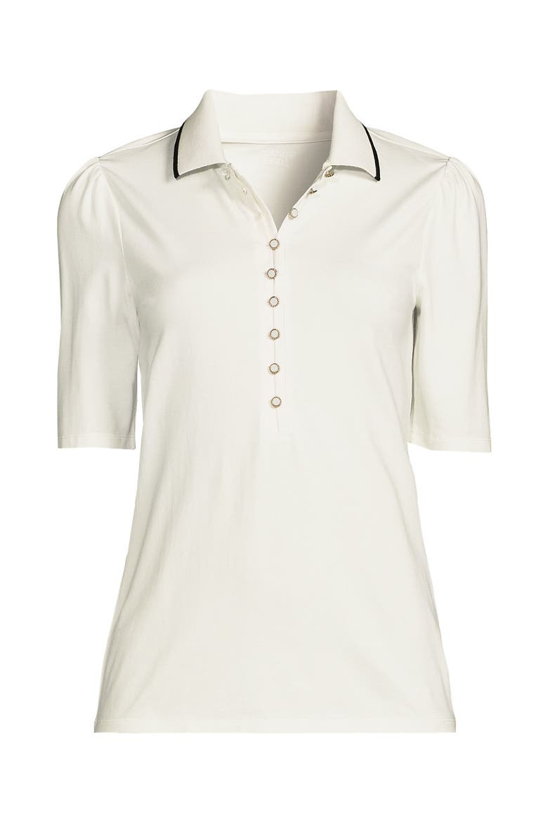 Elbow Sleeve Lightweight Jersey Embellished Polo, Alternate, color, Ivory/Black