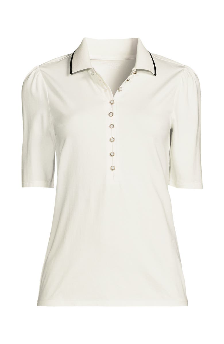 Lands' End Elbow Sleeve Lightweight Jersey Embellished Polo, Alternate, color, Ivory/Black