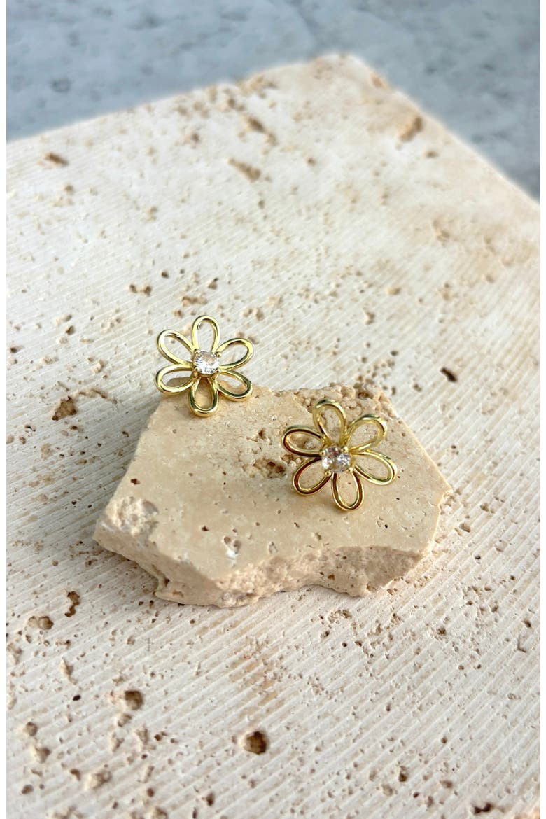 14K Gold Plated Cubic Zirconia Flower Outline Stud Earrings, Alternate, color, GOLD