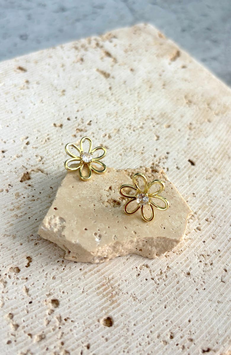 Adornia 14K Gold Plated Cubic Zirconia Flower Outline Stud Earrings, Alternate, color, Gold