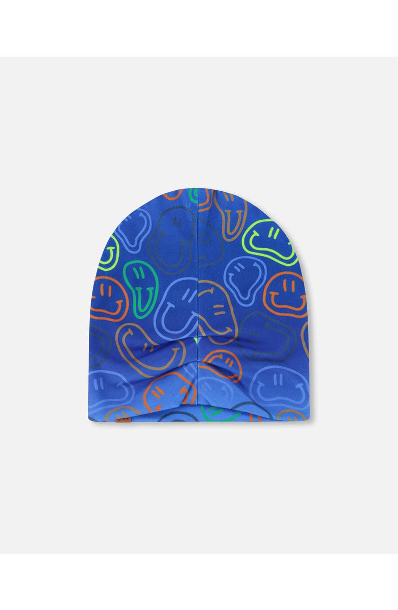 Deux par Deux Stretch Jersey Smileys Beanie, Alternate, color, Blue Printed Smileys