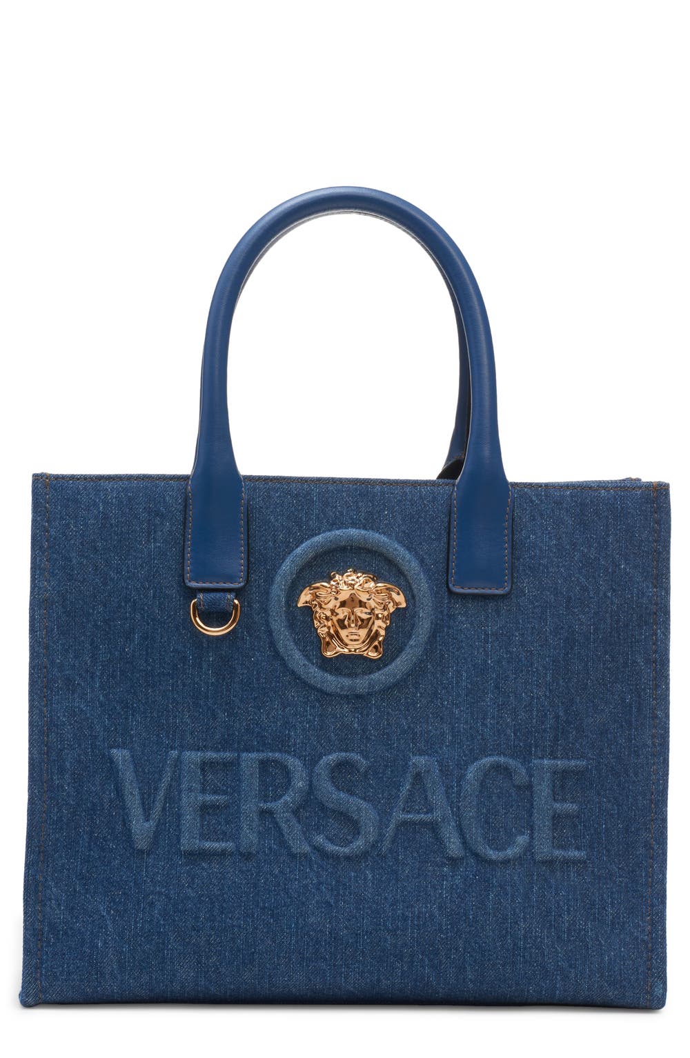 Small La Medusa Denim Tote, color, NAVY/ VERSACE GOLD