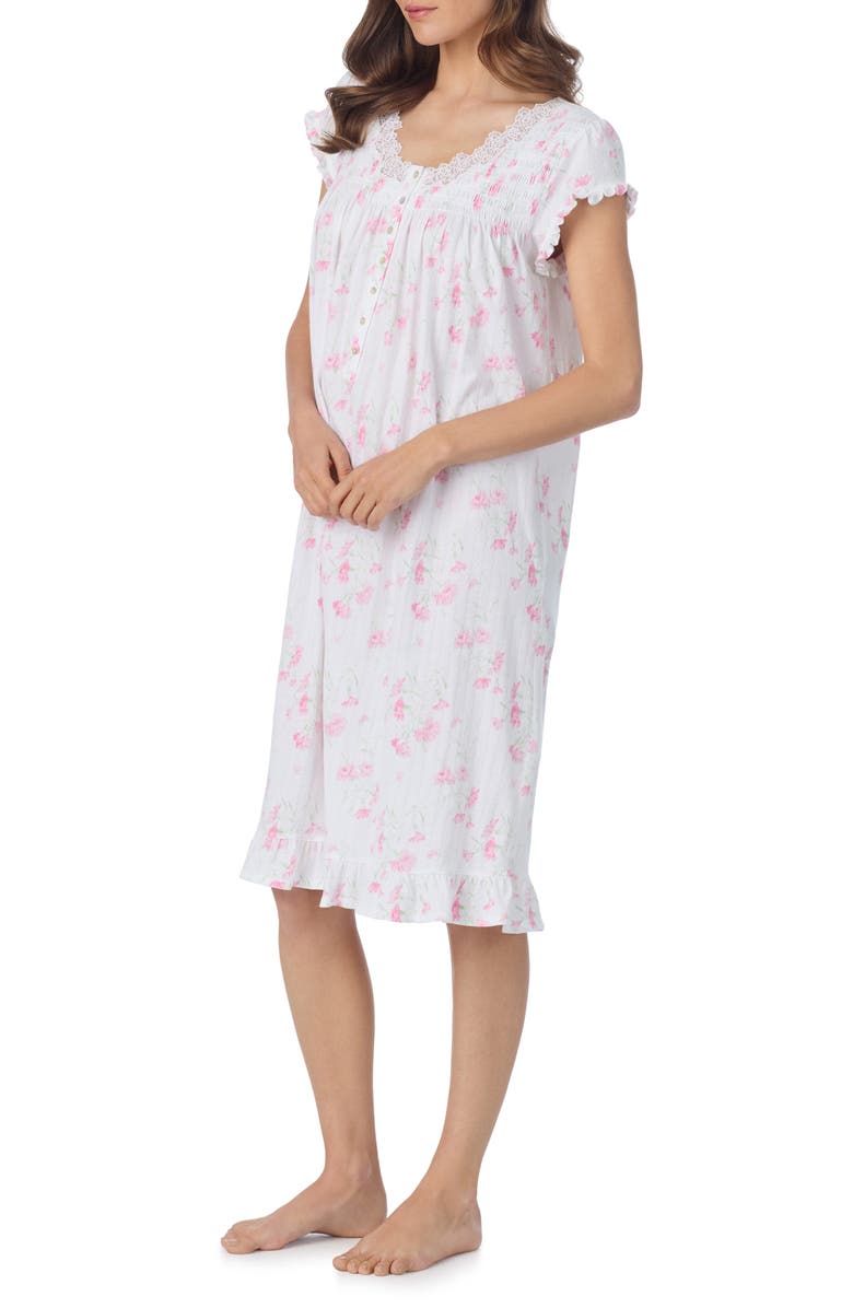 Eileen West Floral Print Cap Sleeve Cotton Waltz Nightgown, Alternate, color, White/ Pink