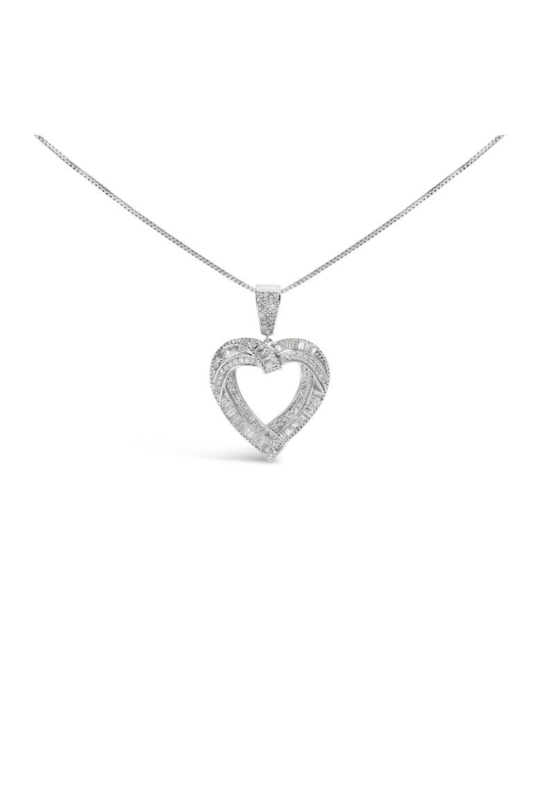 .925 Sterling Silver 1.00 Cttw Baguette and Round Diamond Open Heart Pendant Necklace, Main, color, Silver