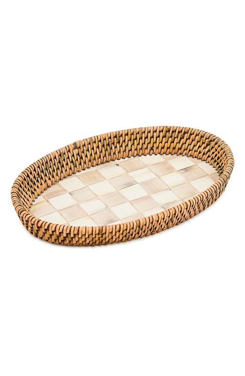 Mocha Check Enamel & Rattan Small Tray