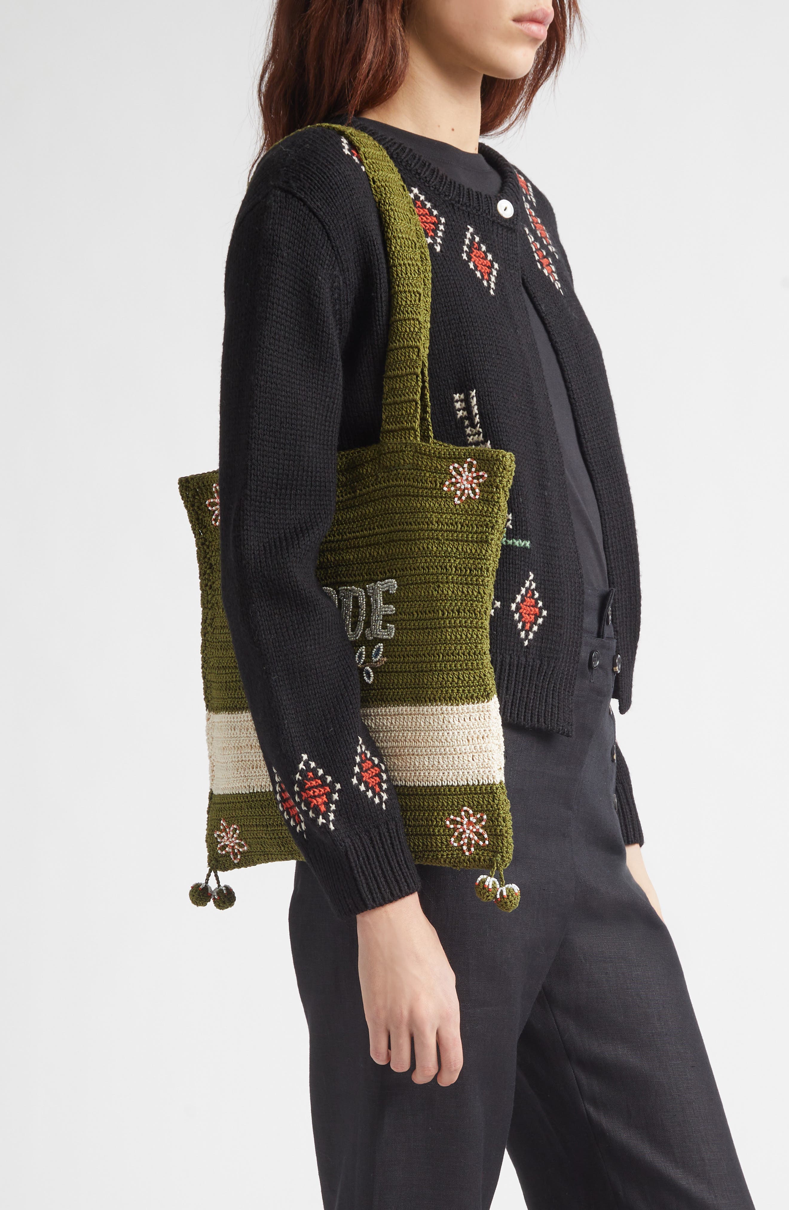 Bode Marsh Beaded Crochet Tote, Alternate, color, Green Cream