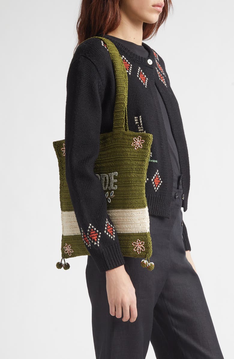 Bode Marsh Beaded Crochet Tote, Alternate, color, Green Cream