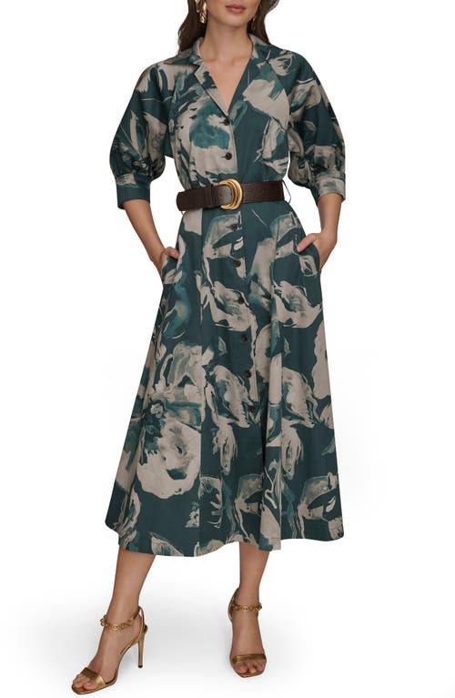 Donna Karan Abstract Floral Belted Midi Shirtdress In Green