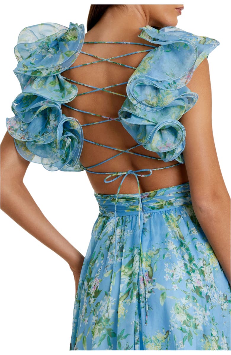 Mac Duggal Ruffle Tiered Floral Cut-Out Chiffon Gown, Alternate, color, Blue Multi