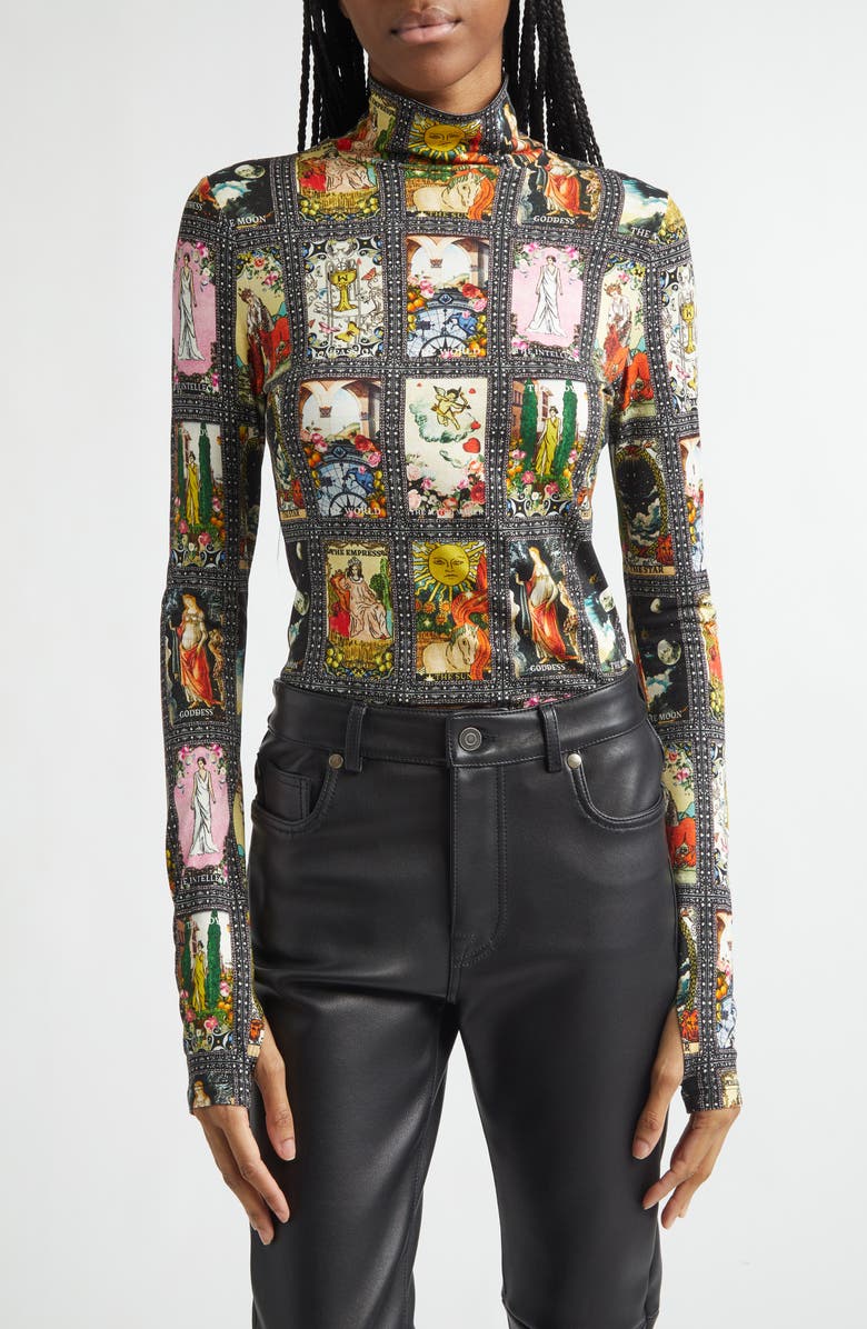 Alice + Olivia Delaina Enchanted Tarot Mock Neck Jersey Top, Main, color, Enchanted Tarot