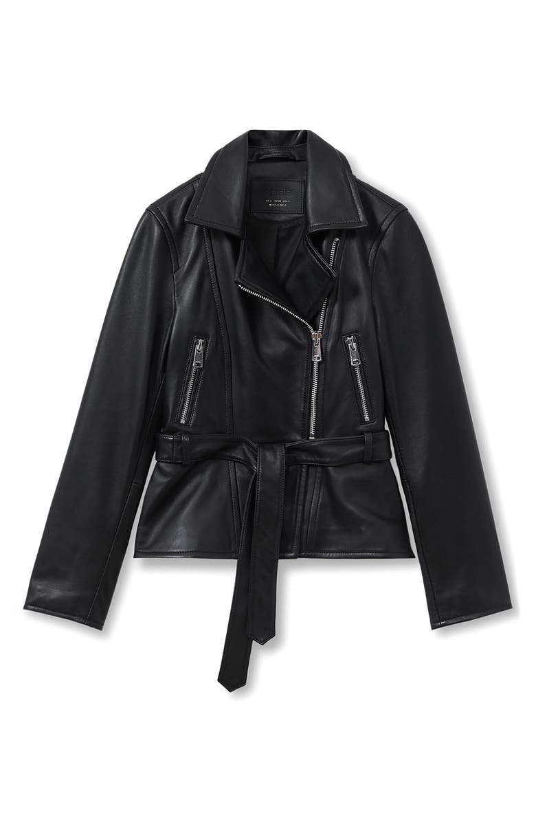 Reiss Febe Belted Leather Moto Jacket, Alternate, color, Black