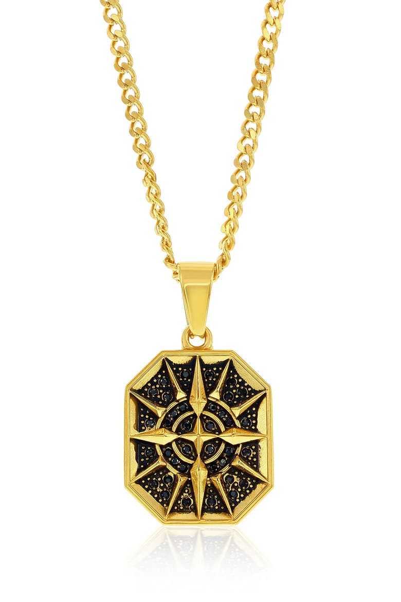 Men's Cubic Zirconia Compass Pendant Necklace, Main, color, BLACK/ GOLD
