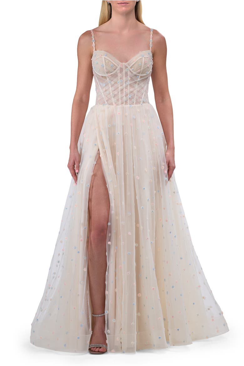 Polka Dot Tulle Prom Dress with Sheer Corset Top, Alternate, color, Cream