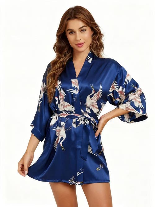 Silksilky 19momme Pure Silk Printed Short Kimono Robe In Blue