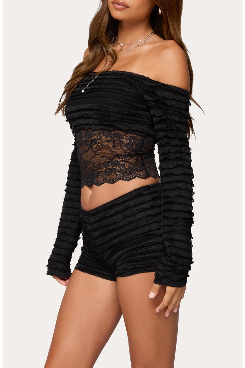 Tauri Ruffle Lace Off the Shoulder Top, Alternate, color, BLACK
