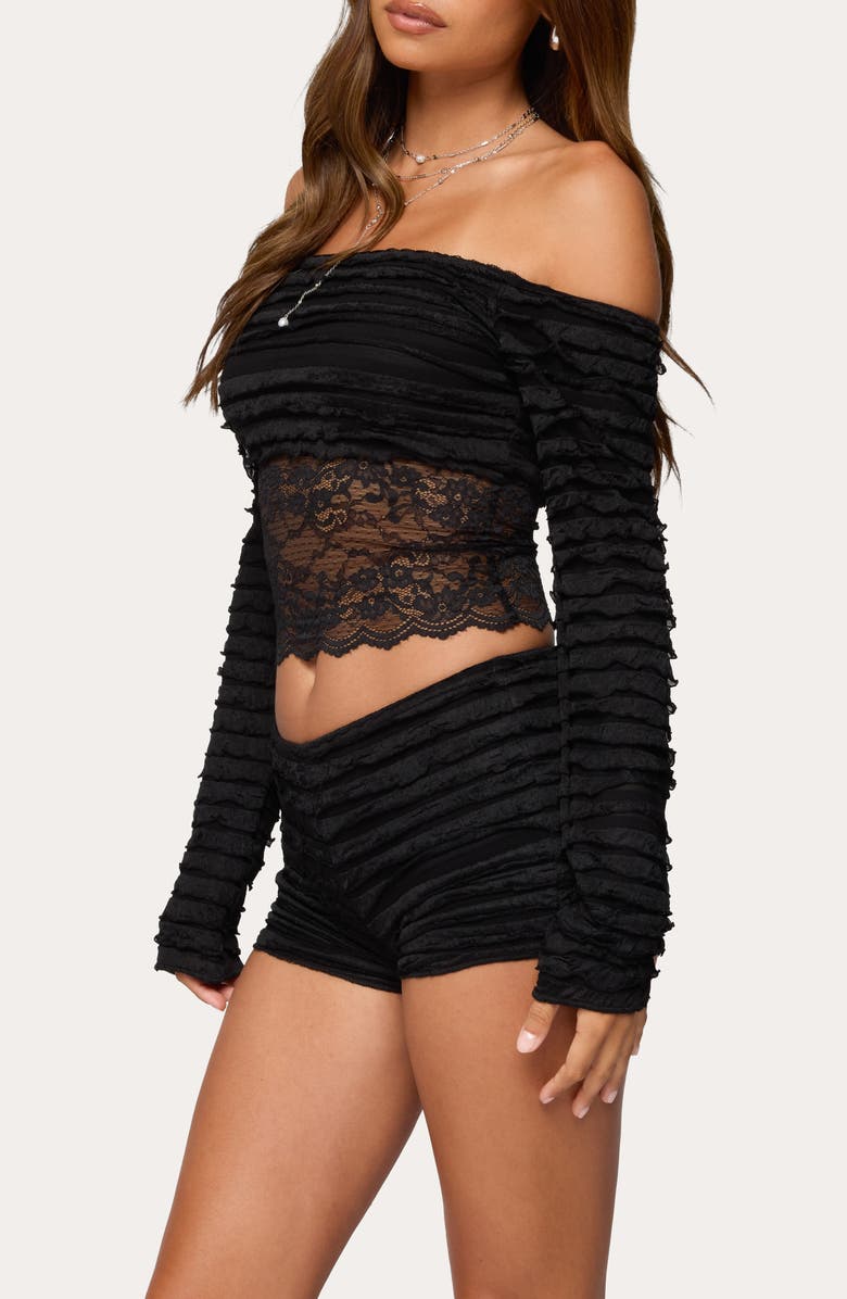 EDIKTED Tauri Ruffle Lace Off the Shoulder Top, Alternate, color, Black