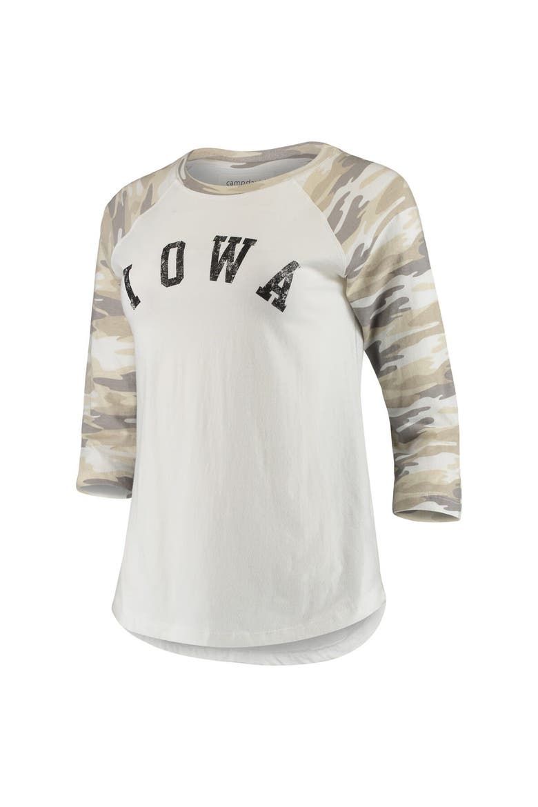 Women's White/Camo Iowa Hawkeyes Boyfriend Baseball Raglan 3/4-Sleeve T-Shirt, Alternate, color, White
