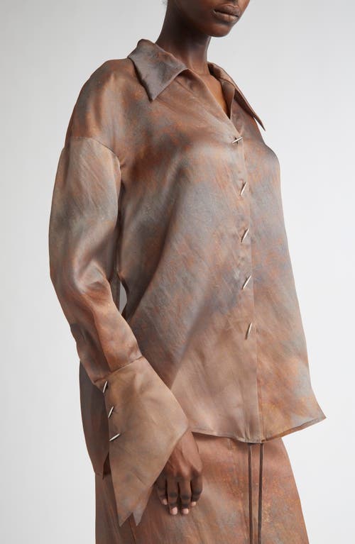 Grace Ling Stitches Convertible Silk Organza Wrap Shirt In Rust Brown