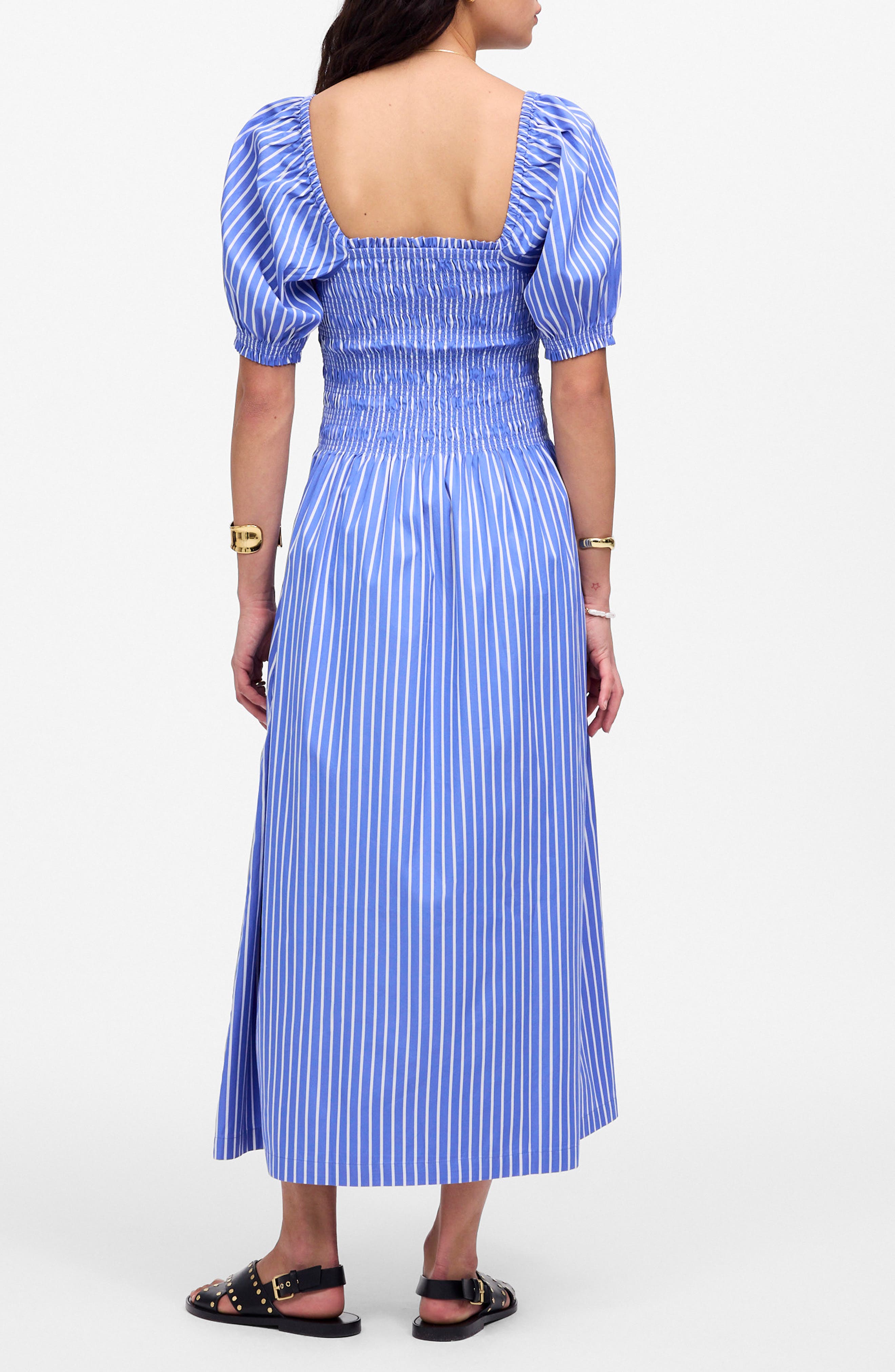 madewell festival stripe dress Smocked Puff Sleeve Midi Dress in Stripe Poplin
