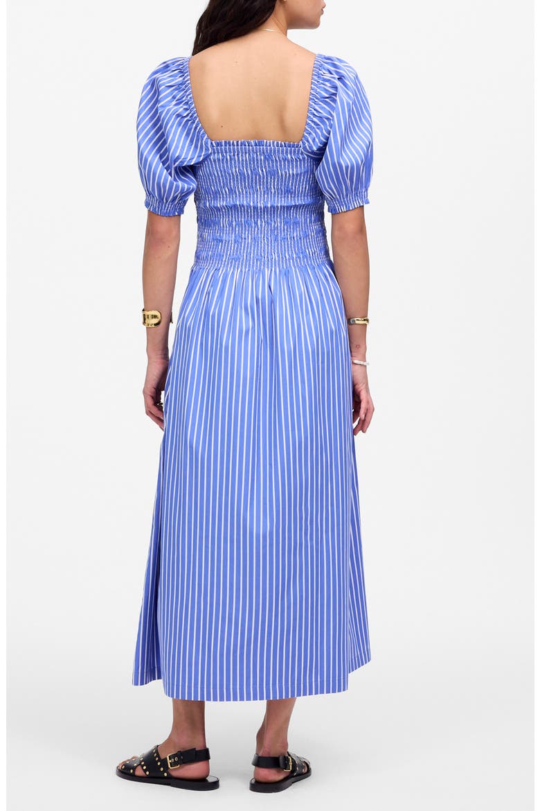 Smocked Puff Sleeve Midi Dress in Stripe Poplin, Alternate, color, WATERFALL