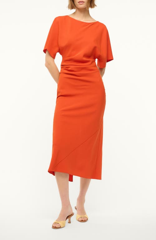 Staud Amelie Ruched Crepe Midi Dress In Cayenne