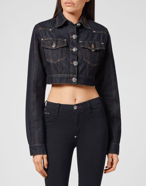 Denim Cropped Jacket Chains Women