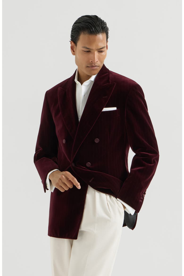 Cotton chalk stripe velvet one-and-a-half breasted tuxedo jacket with peak lapels, Main, color, Bordeaux
