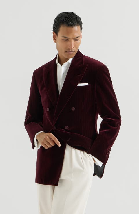 Cotton chalk stripe velvet one-and-a-half breasted tuxedo jacket with peak lapels