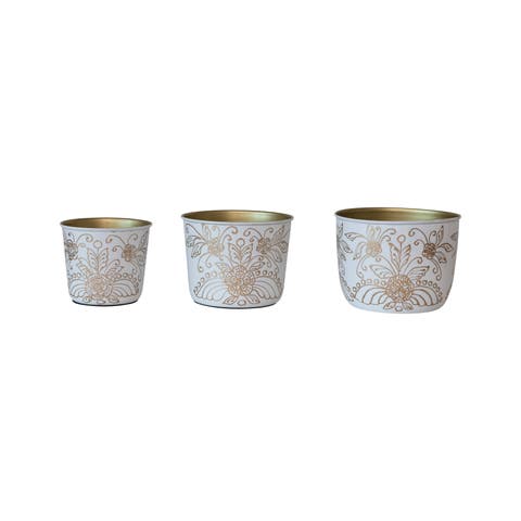 Enameled Metal Planters with Floral Design, Set of 3