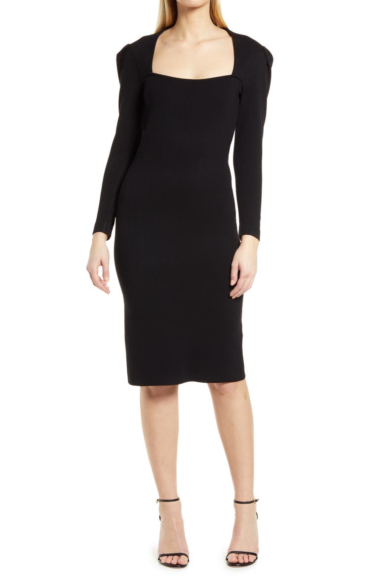 Long Sleeve Body-Con Dress, Main, color, BLACK