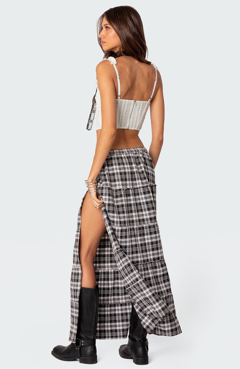 EDIKTED Plaid Tiered Slit Maxi Skirt, Alternate, color, Black-And-White