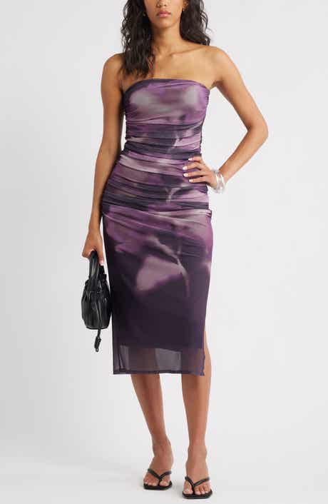 Open Edit Ruched Strapless Mesh Dress