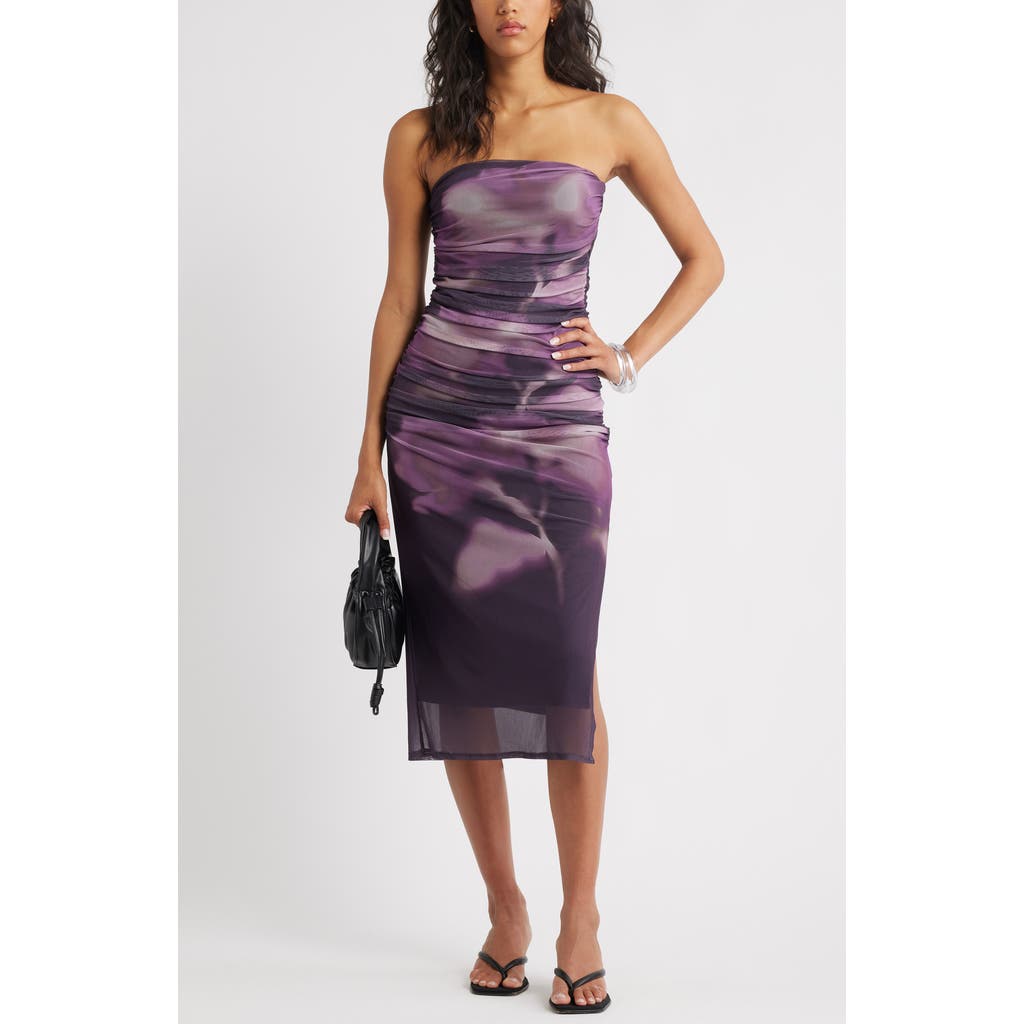 Open Edit Ruched Strapless Mesh Dress In Purple