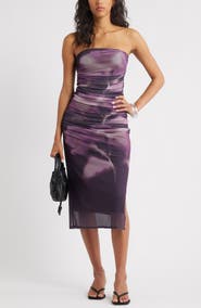 Open Edit Ruched Strapless Mesh Dress