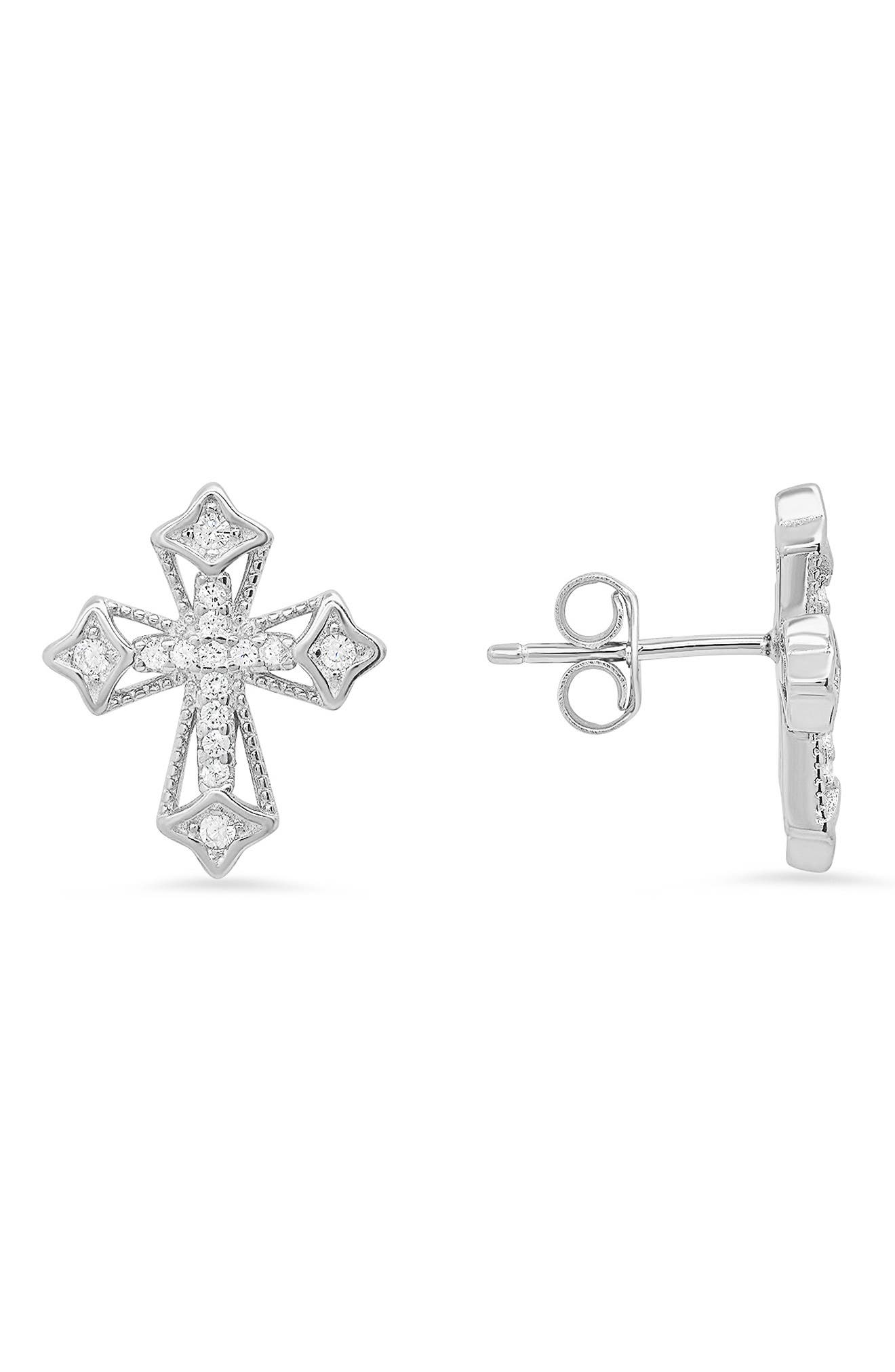 Queen Jewels Sterling Silver CZ Pavé Cross Stud Earrings