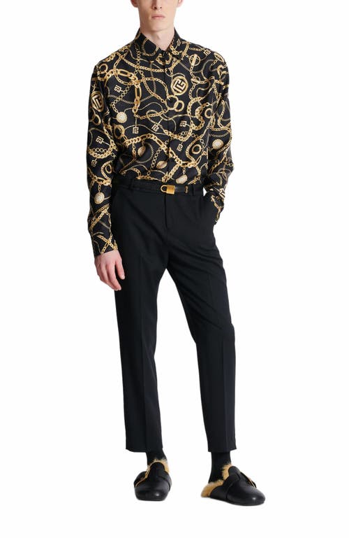 Balmain Black Shirt With Pointed Collar And Chain Print With Logo In Silk Man In Black
