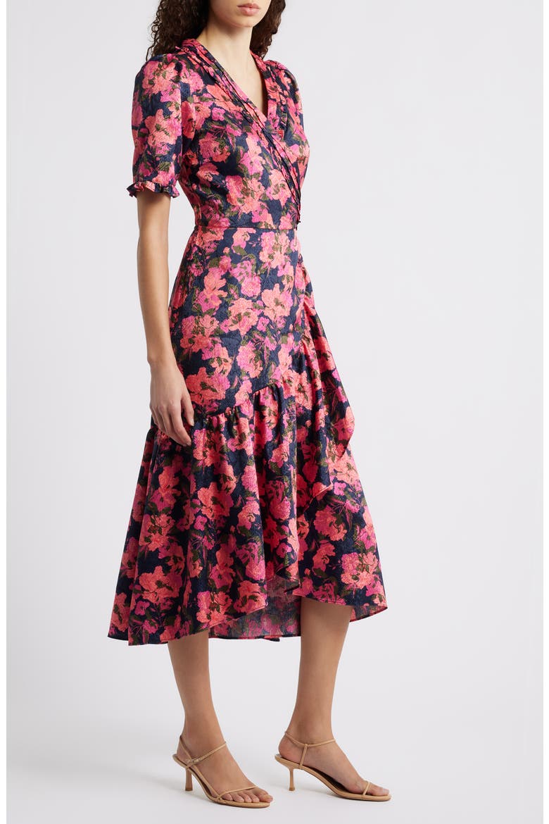 Floral Satin Jacquard Faux Wrap Dress, Alternate, color, NAVY STILL LOLA ROSE
