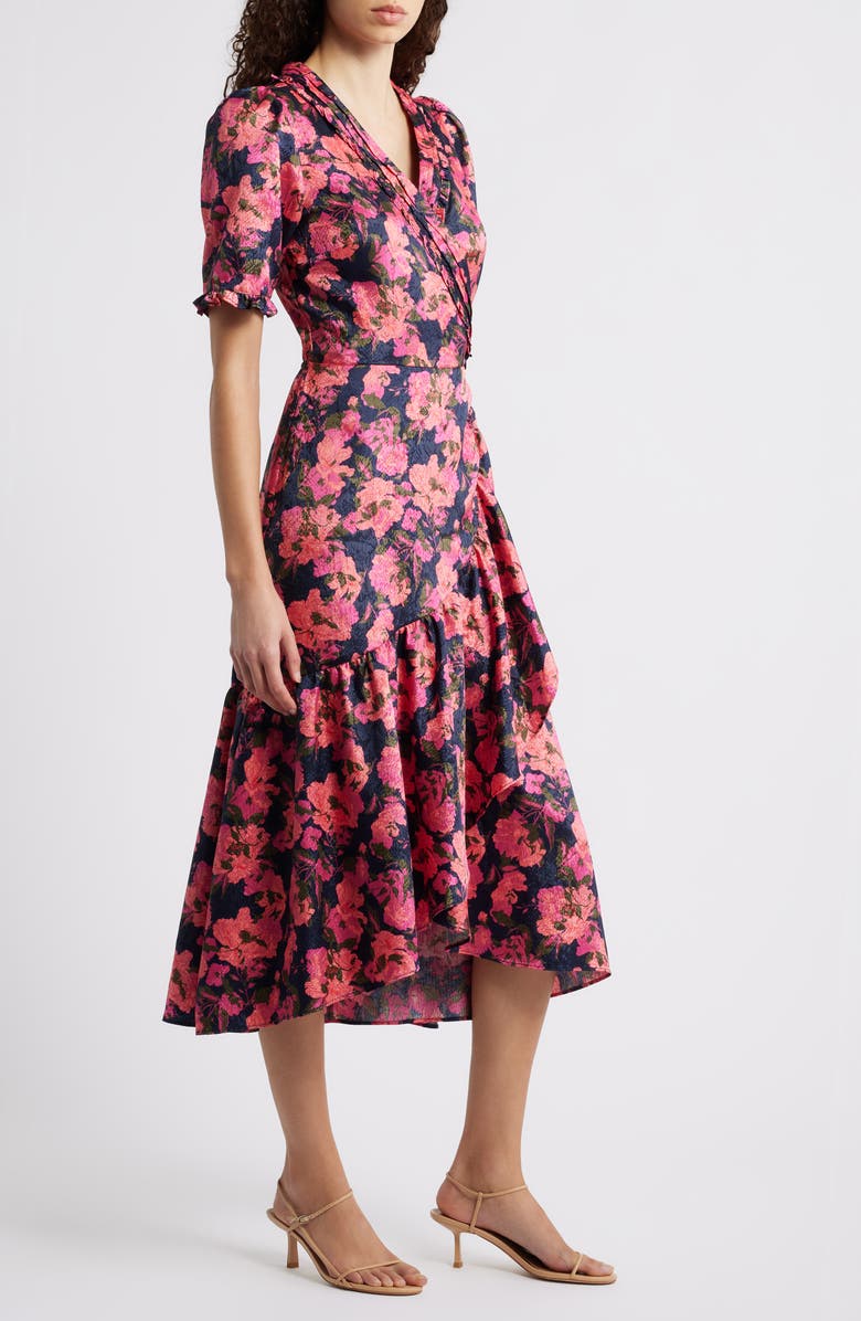 Caslon<sup>®</sup> Floral Satin Jacquard Faux Wrap Dress, Alternate, color, Navy Still Lola Rose