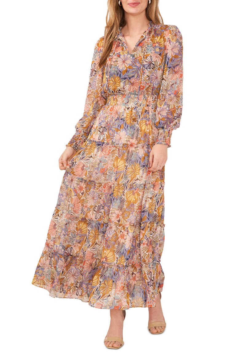 Floral Metallic Smocked Waist Long Sleeve Tiered Midi Dress, Main, color, IVORY/MULTI
