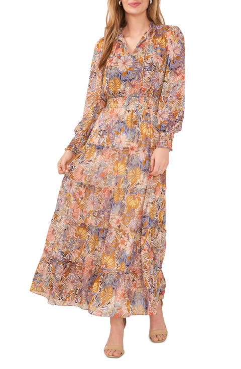 Floral Metallic Smocked Waist Long Sleeve Tiered Midi Dress