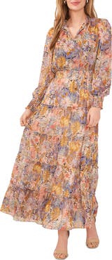 Chaus Floral Metallic Smocked Waist Long Sleeve Tiered Midi Dress