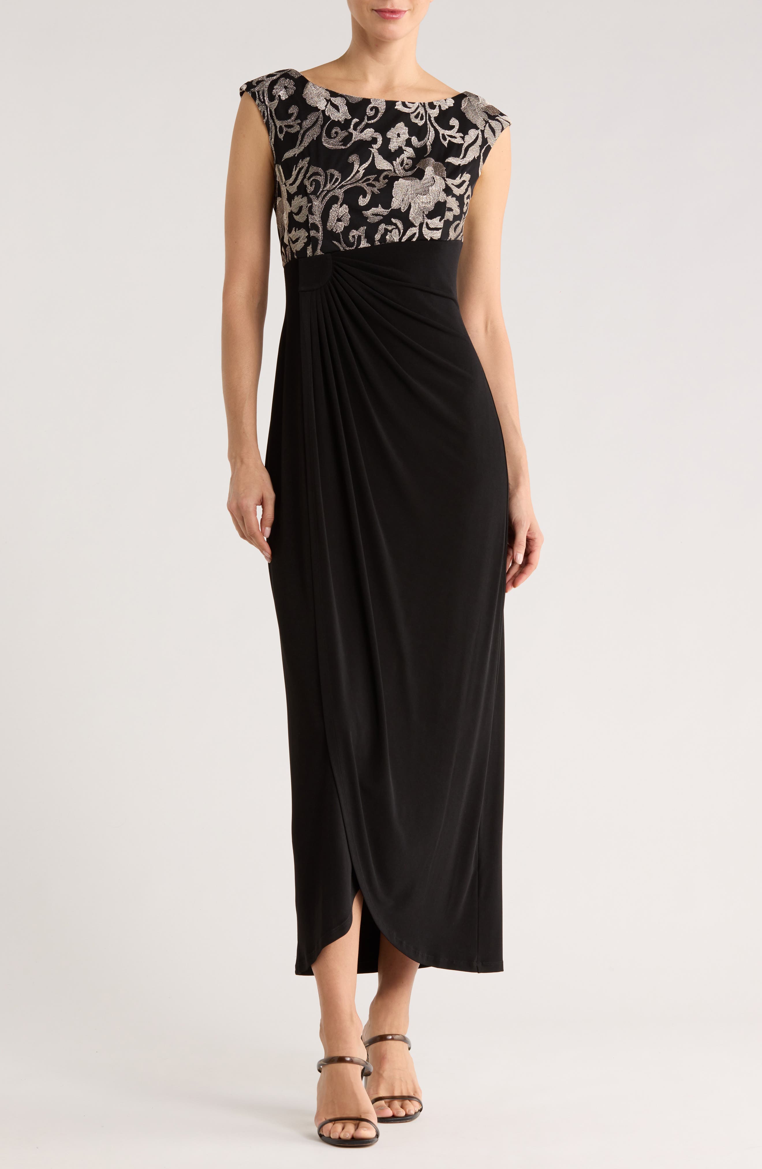 Connected Apparel Embroidered Bodice Faux Wrap Dress