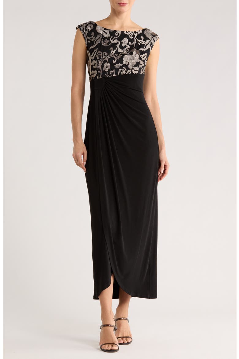 Embroidered Bodice Faux Wrap Dress, Main, color, GOLD/ BLACK