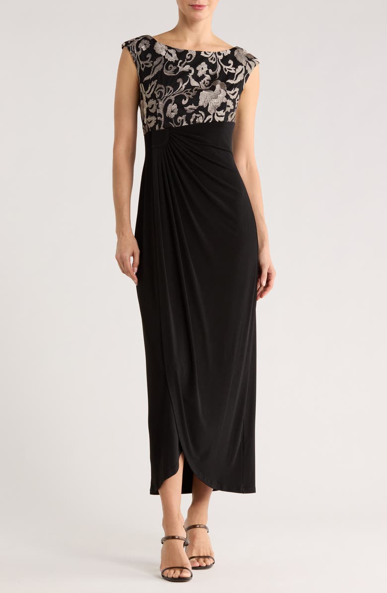 Connected Apparel Embroidered Bodice Faux Wrap Dress, Main, color, Gold/ Black