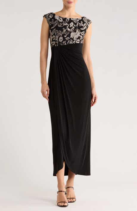 Connected Apparel Embroidered Bodice Faux Wrap Dress