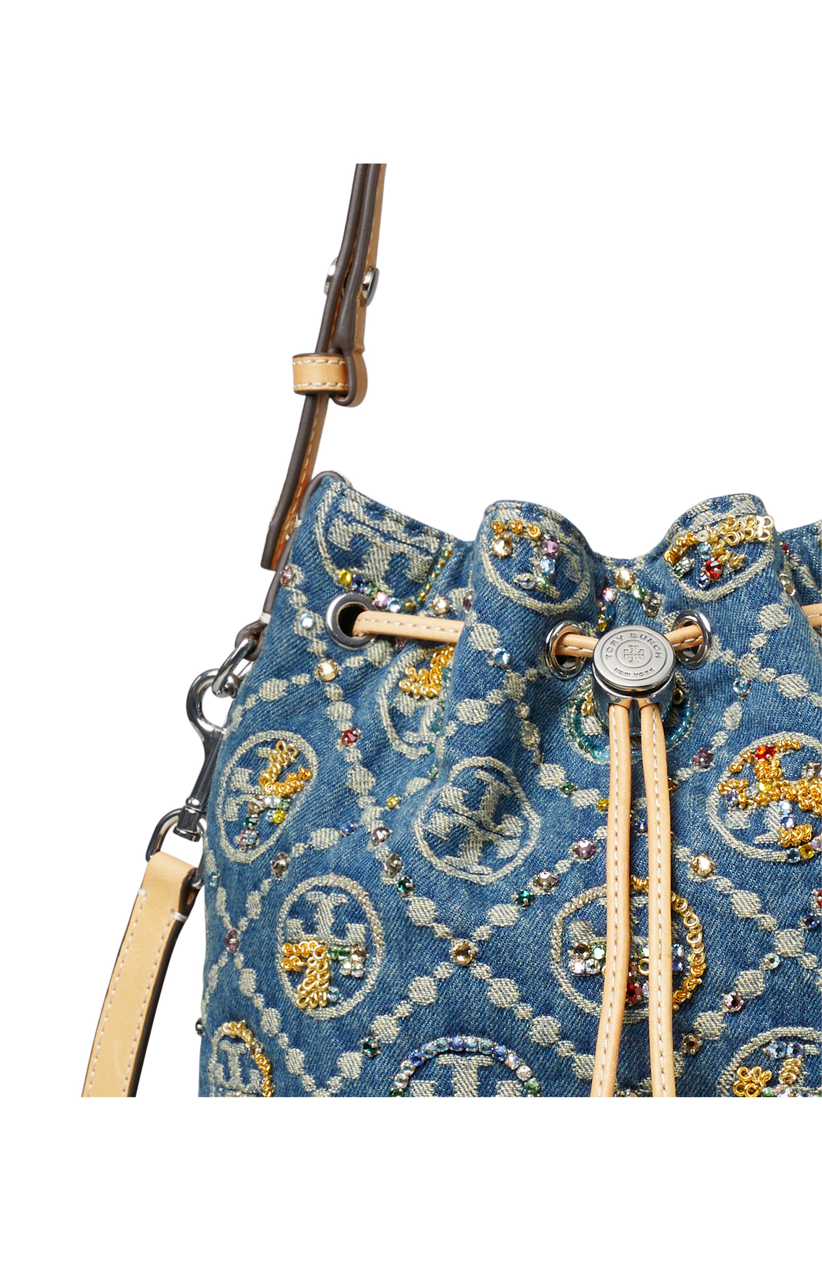 T Monogram Embellished Denim Bucket Bag, Alternate, color, BOAT HOUSE