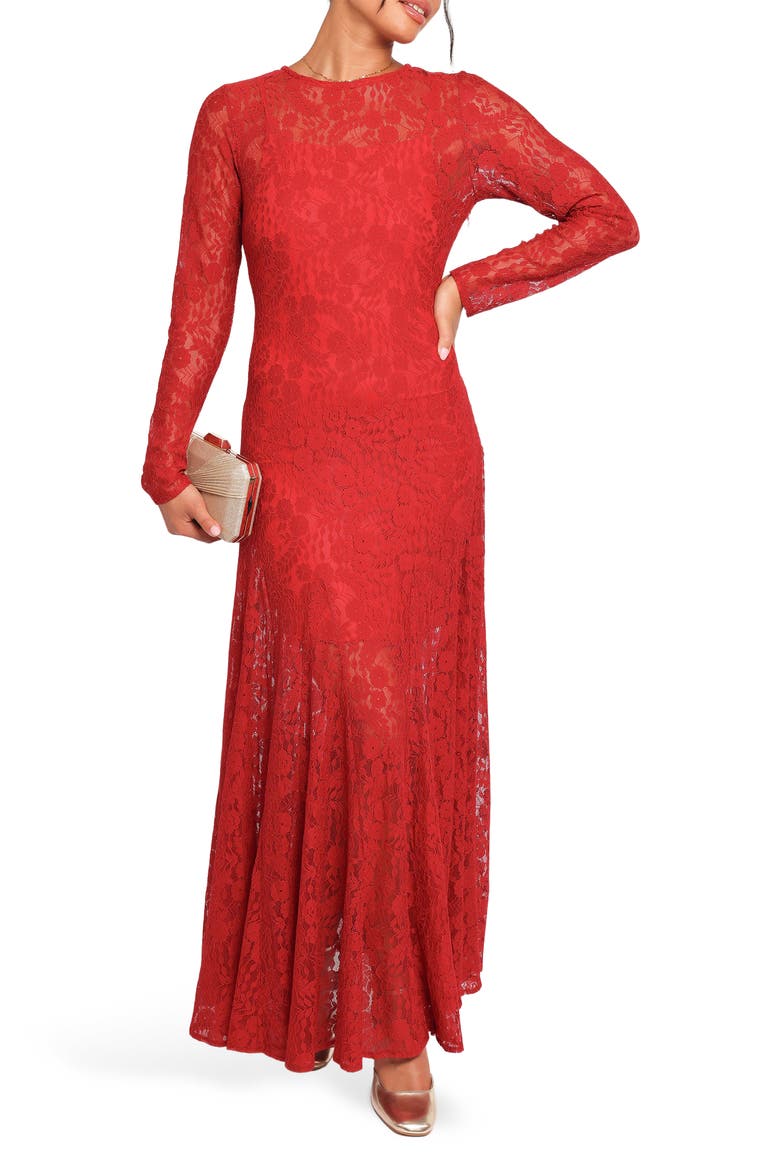 Keani Long Sleeve Lace Gown, Main, color, RED